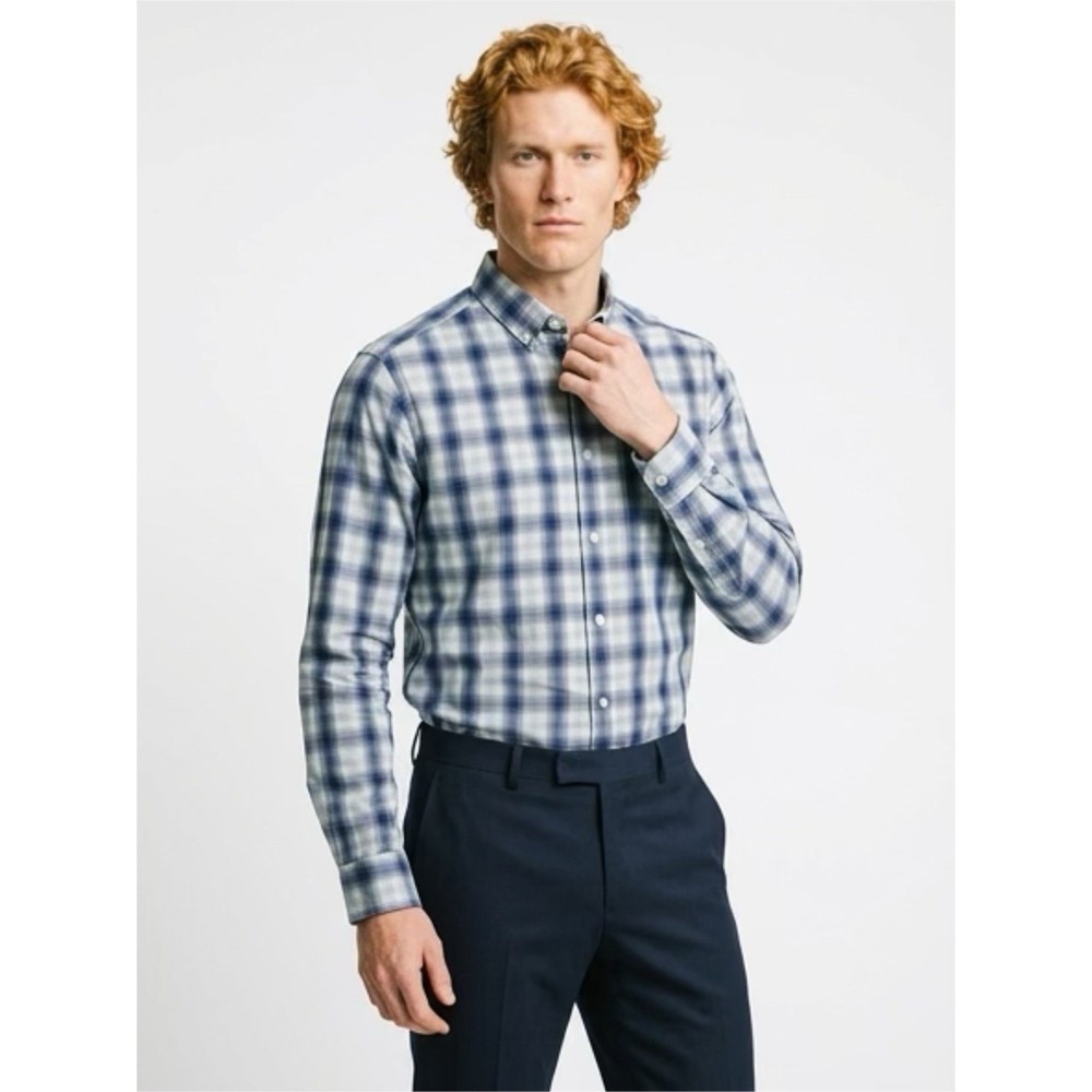 (..1)Gap Men's Standard Fit Plaid Button Down Shirt Blue White Long Sleeve Xs